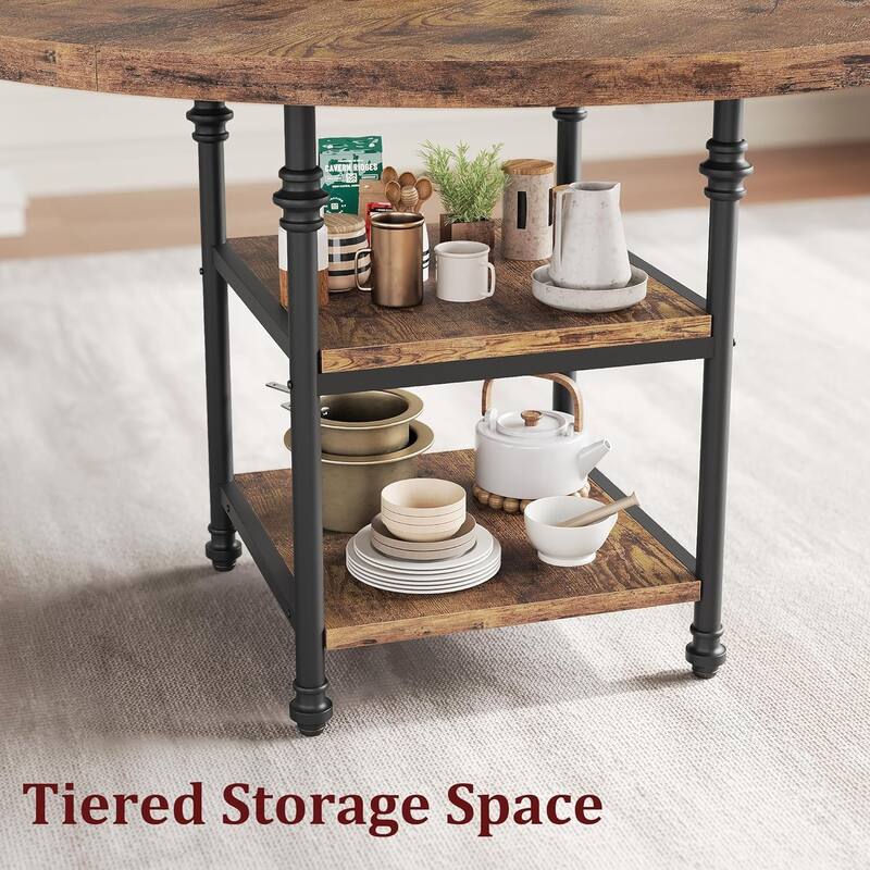 47" Round Dining Table for 4–6, Modern Wood Table with Storage Shelf & Roman Metal Legs, Table Only