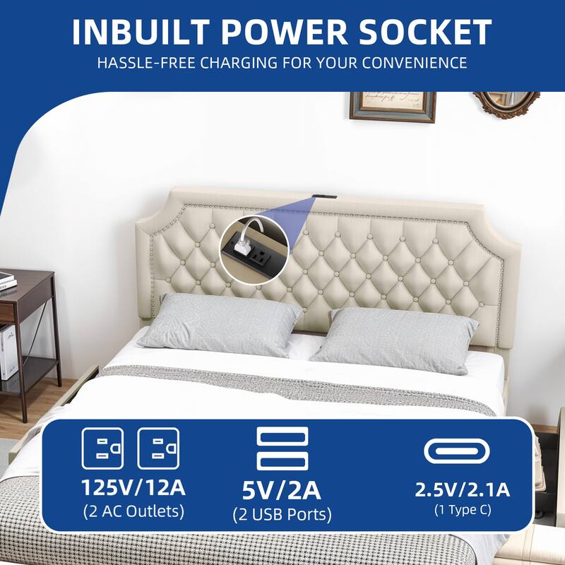 Moasis Velvet/Linen Upholstered Bedframe with Adjustable Headboard and 4 Storage Drawers