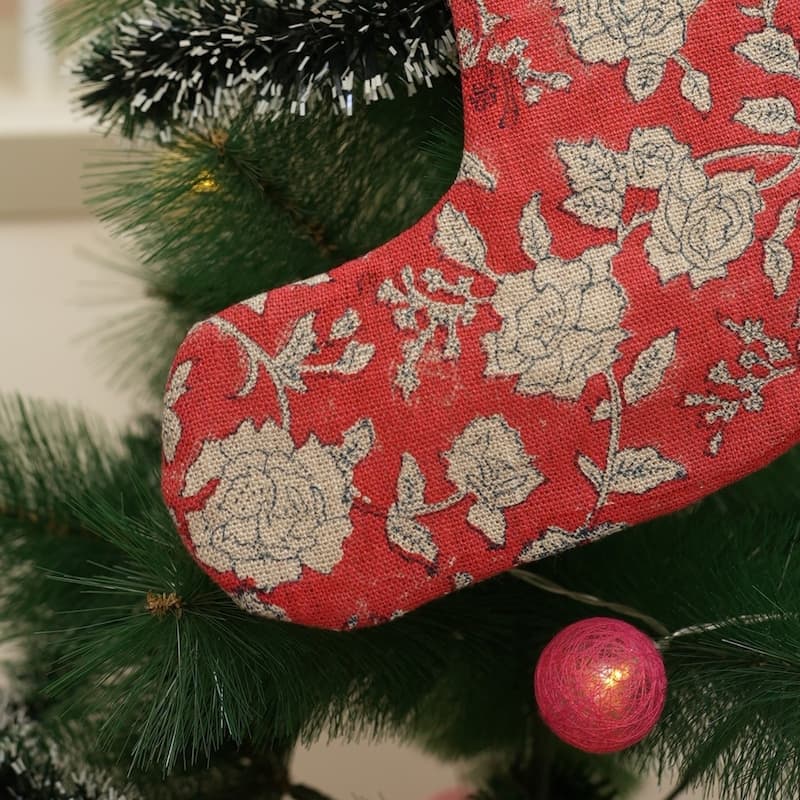 Fabdivine Handmade Linen Floral Block Print Christmas Stocking Home Décor Perfect for Gift - 10"X4.5" - Rameshwaram- Red