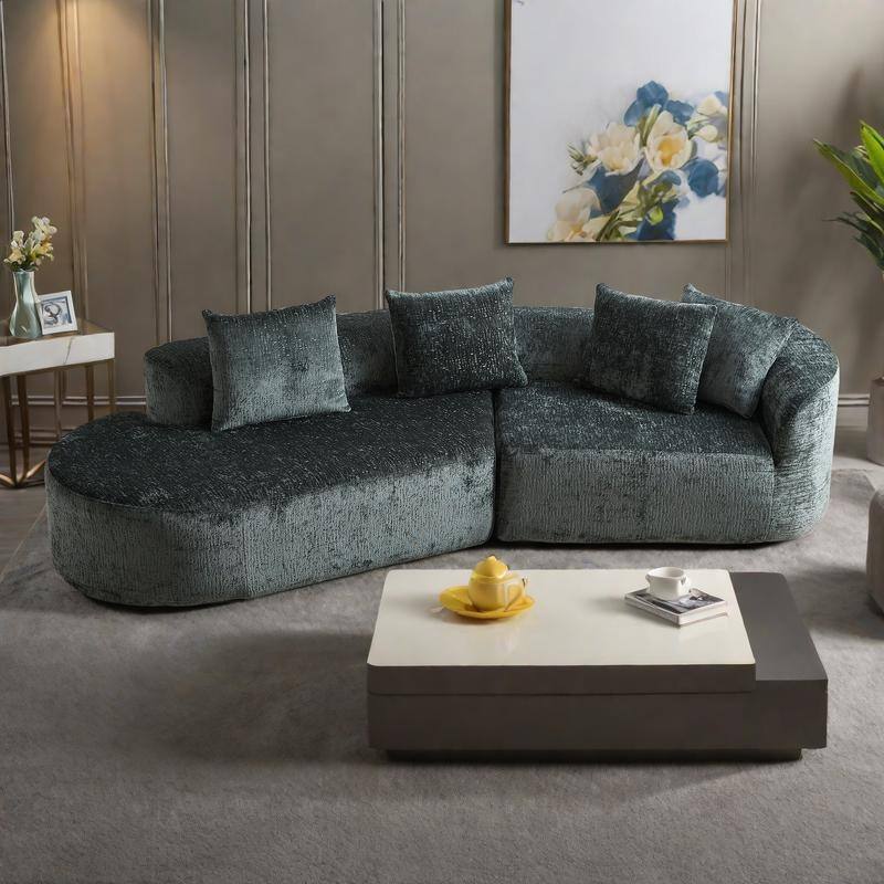114" Chenille Cloud Sectional Sofa with Extra Deep Seating, and 4 Throw Pillows & No-Assembly Design - Green