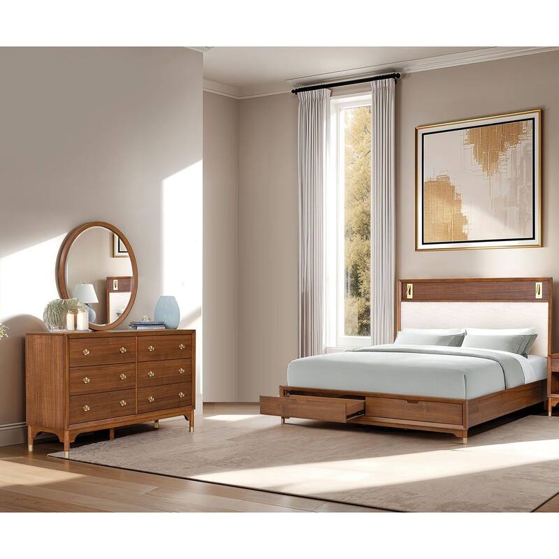 3PC Walnut Finish LED Reading Light Bedroom Set Modern Bed Dresser Mirror