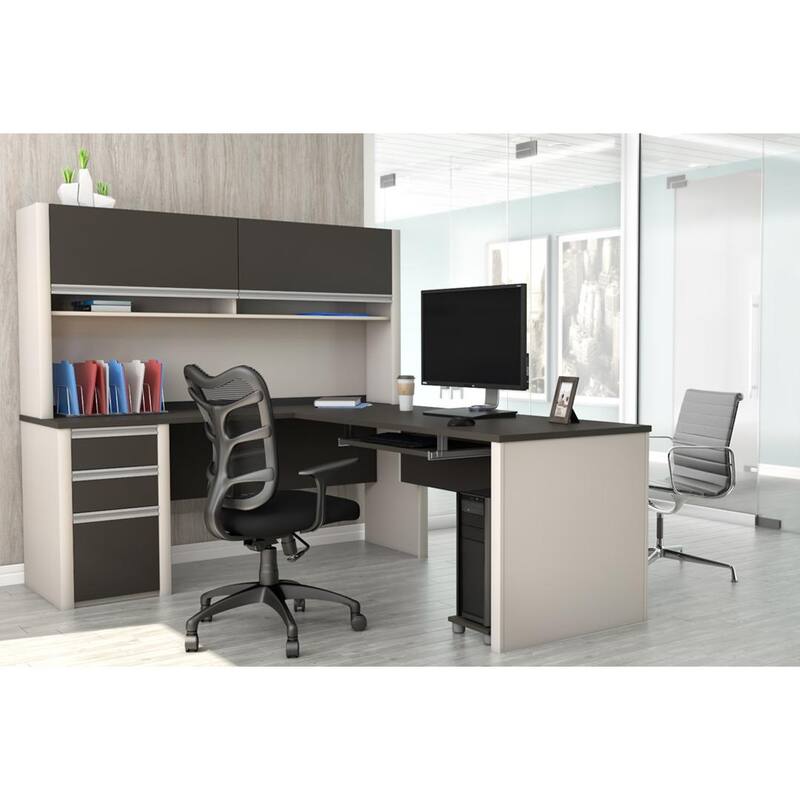 Bestar Connexion 72W L-Shaped Desk with Hutch and Pedestal - slate & sandstone