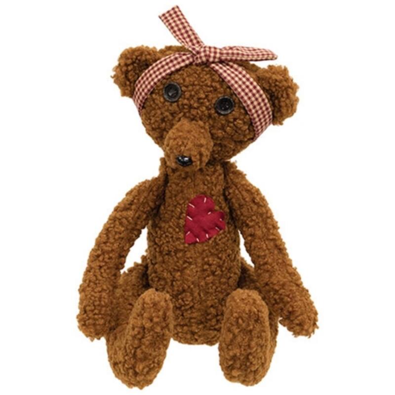 Warm Brown Fabric Stuffed Heart Patch Teddy Bear with Movable Limbs and Bow - 7 x 4 x 16 in - Warm Brown