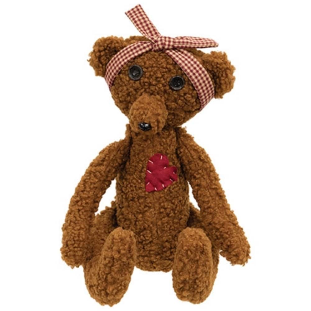 Warm Brown Fabric Stuffed Heart Patch Teddy Bear with Movable Limbs and Bow - 7 x 4 x 16 in
