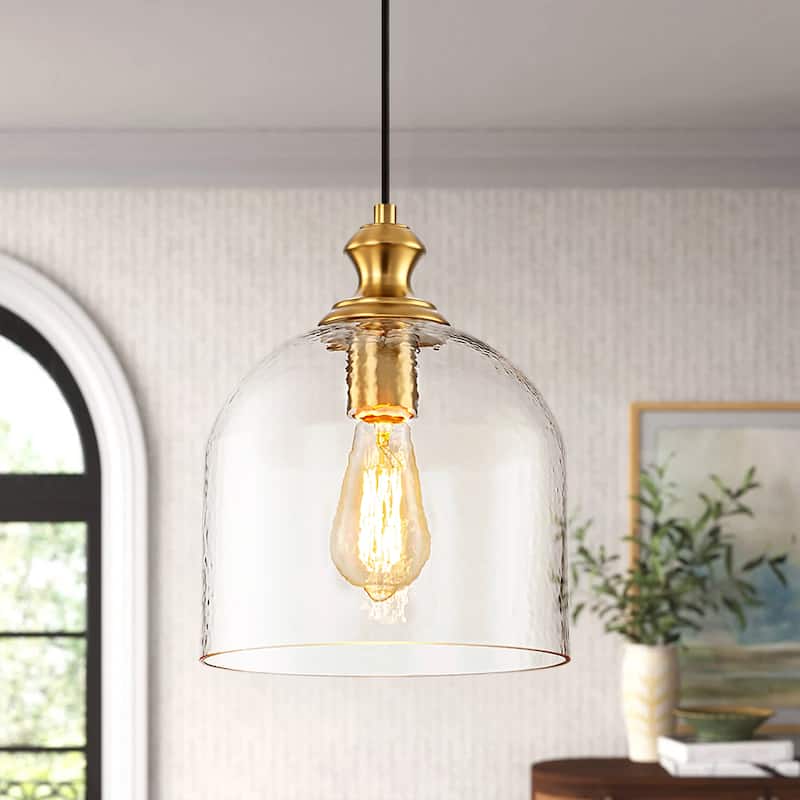 1-Light Modern Industrial Dome Pendant Light with Bell Shape Clear Hammered Glass and Adjustable Hanging Height - Gold