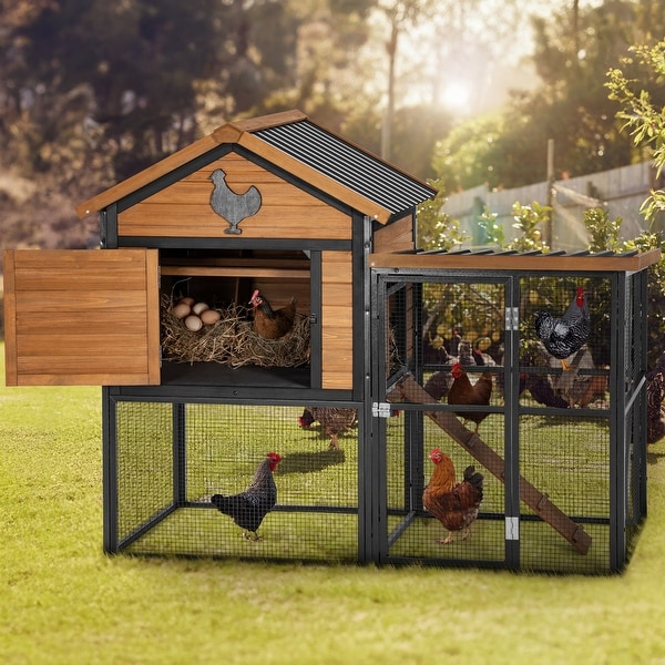 Durable Wood and Iron Chicken Coop with Runway and Waterproof Roof