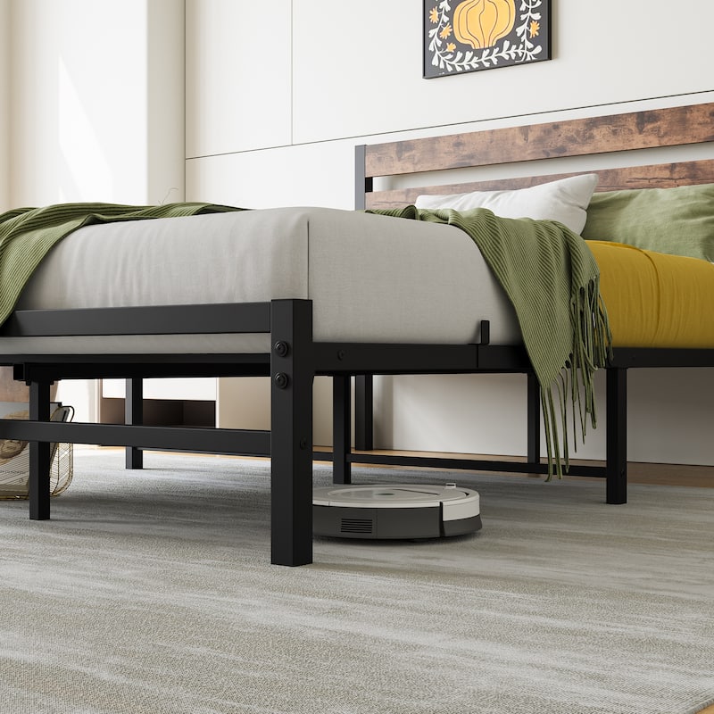 Full Size Platform Bed Frame with Rustic Vintage Wood Headboard