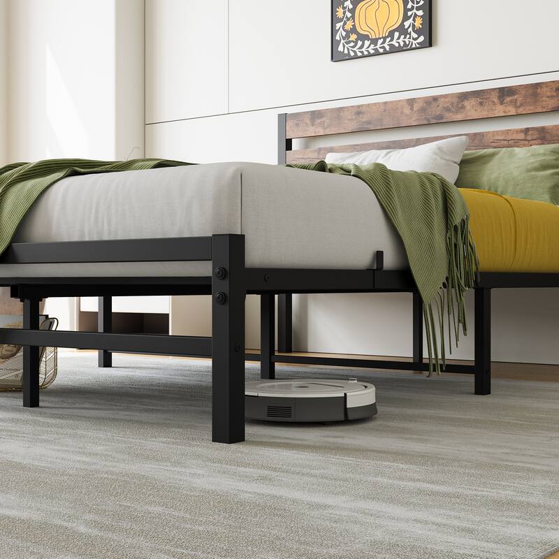Vintage Wood & Metal Platform Bed Frame, Queen/Full/Twin, Strong Slat Support