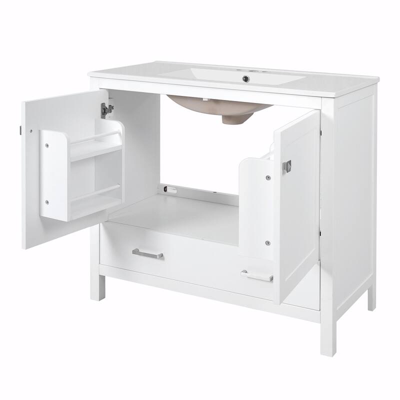 36"/30" Bathroom Vanity with Ceramic Sink, Soft-Close Doors, Double Storage Shelves & Divided Drawer