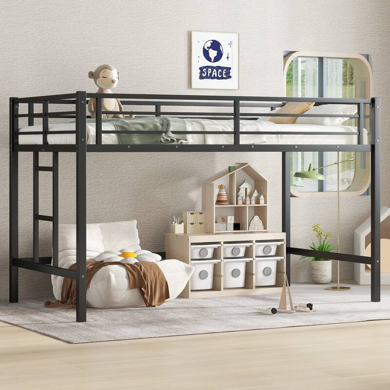 Twin Metal Loft Bed with Ladder and Guardrails, Black Elevated Bed with Under Bed Storage Space Durable Sturdy Frame