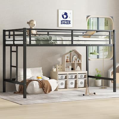 Twin Size Metal Loft Bed with Easy Climbing Ladder and Guardrails