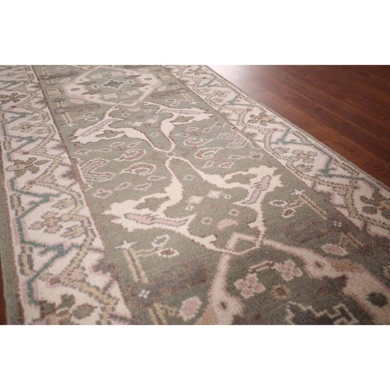 All-Over Green & Ivory Oushak Oriental Runner Rug Handmade Wool Carpet - 2'7"x 9'11"