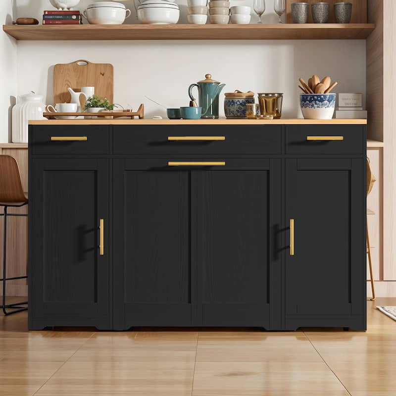 Moasis 55 inch Rolling Kitchen Island with Drop Leaf and Pull Out Garbage Bin Cabinet fits - Black