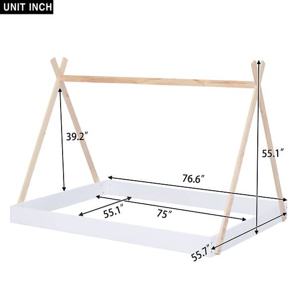 dimension image slide 1 of 2, Full Size Tent Floor Kids Bed Frame with Triangle Structure and Safety Railings for Kids, Special Design, White+Natural