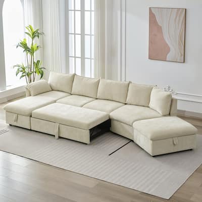Linen L-shaped Sofa Sectional Sofa Couch Pull Out Sofa Bed with Movable Storage Ottoman and 2 USB Ports Recliner Sofa