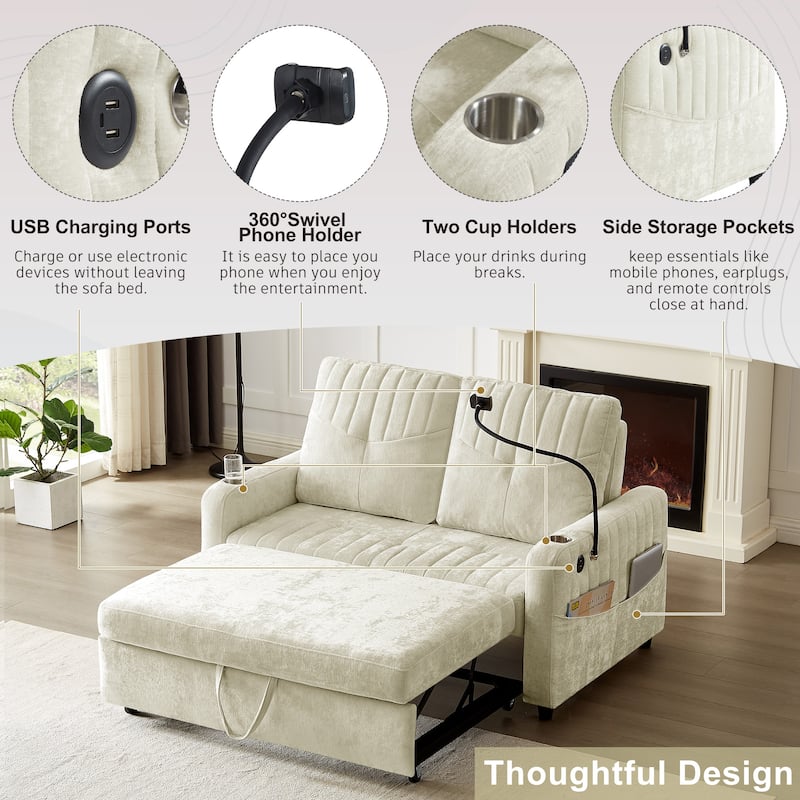 53.9" Chenille Convertible Loveseat with Pull-Out Bed, 3 USB Ports, and Smart Storage