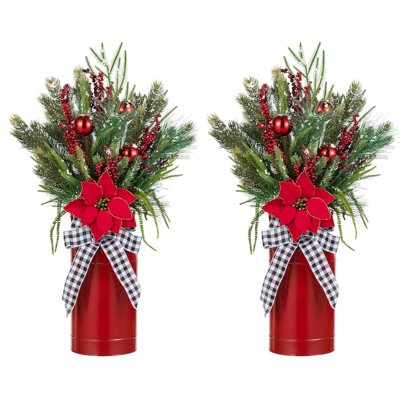 Glitzhome 35"H Christmas Poinsettia Floral Potted Porch Tree Indoor Outdoor Decorations - 2 piece