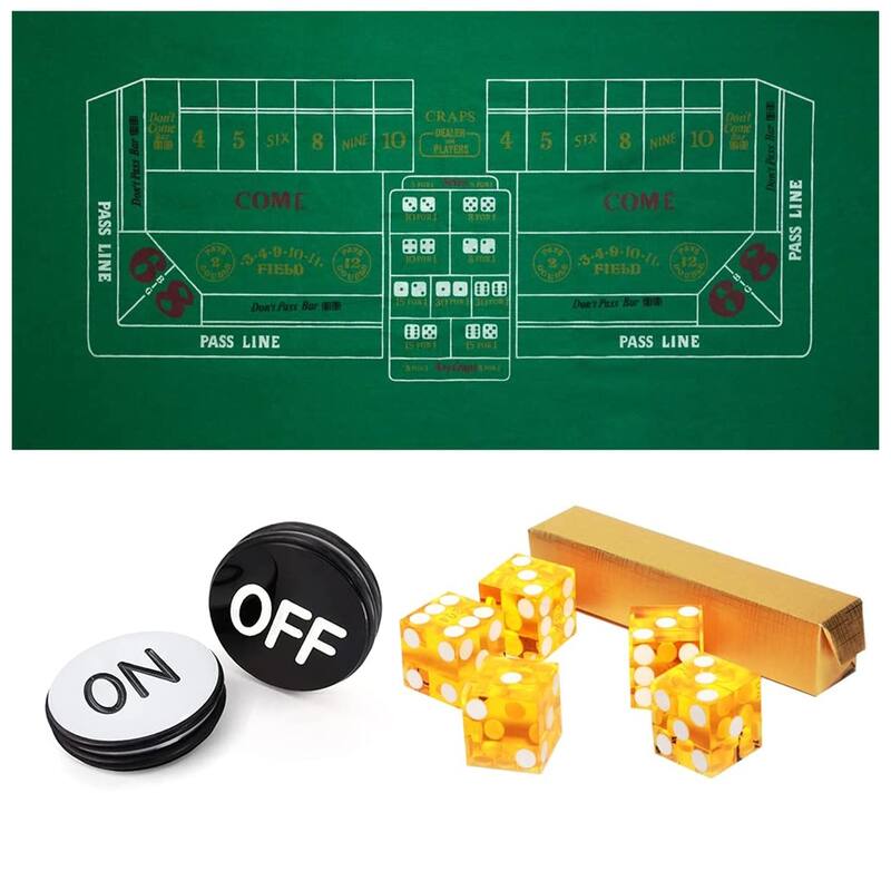 GSE™ Casino Craps Tabletop Game Set with 36"x72" Craps Layout Felt, 5-Piece 19mm Casino Dice, 3" Craps On/Off Puck - Yellow