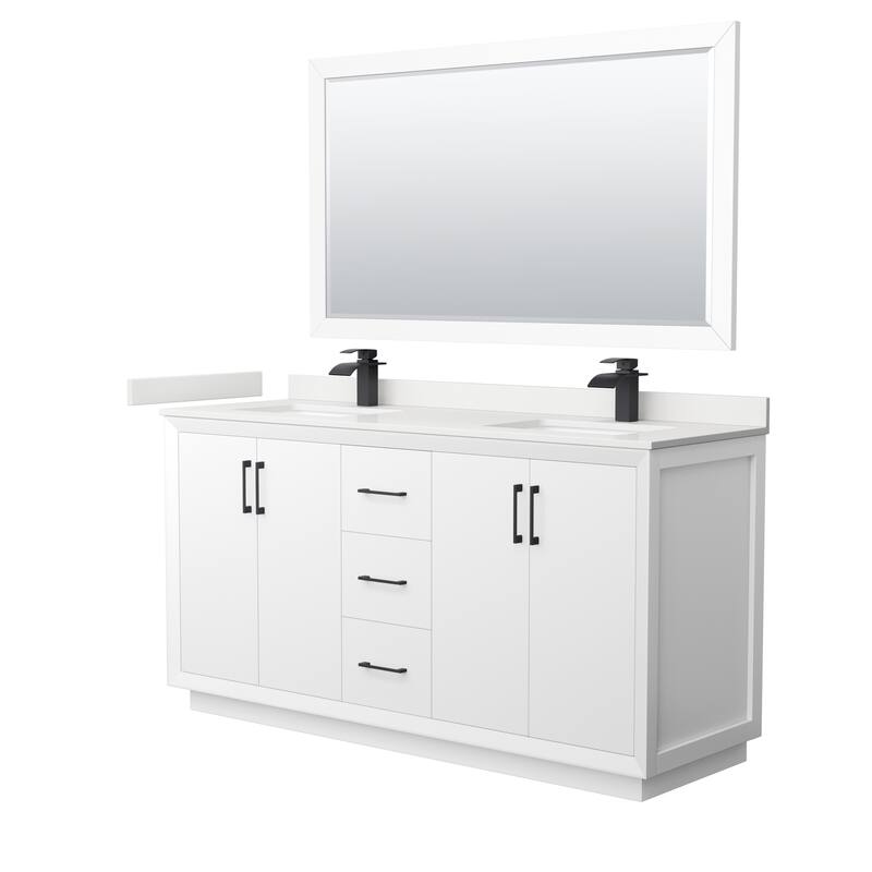 Strada 66-inch Double Vanity, Quartz Top, 58-inch Mirror - White, Black Trim, White Quartz Top