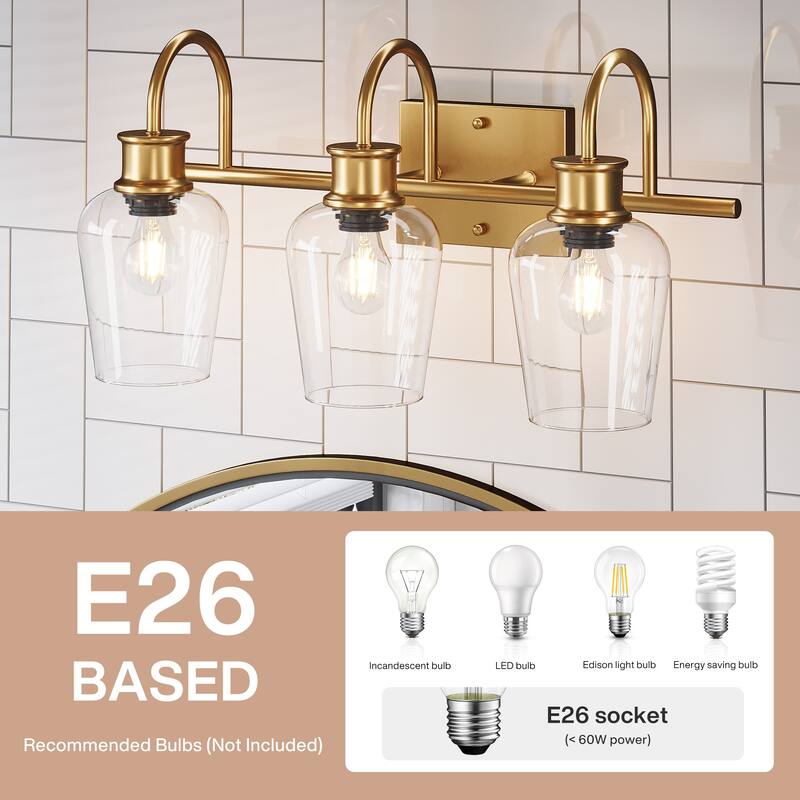 E26 Base Bath Vanity 3-Light Fixtures with Glass Shade for Bathroom