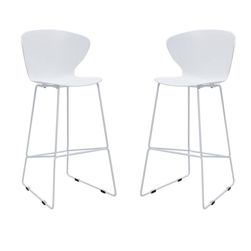 HomeRoots Set of Two 30" White and Silver Heavy Duty Plastic and Metal Low Back Bar Height Bar Chairs