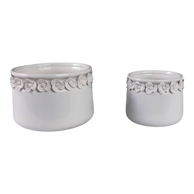 Ceramic Round Planter Sculpted Floral Rim Detail and Drainage Hole