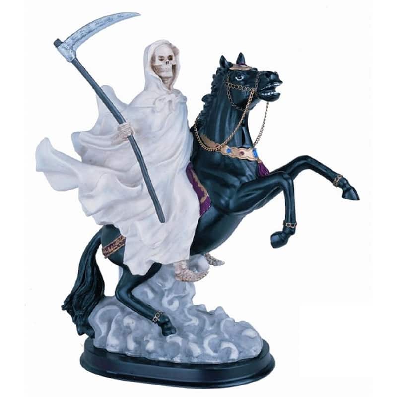 Q-Max 12"H White Santa Muerte Riding Black Horse Statue Our Lady of the Holy Death Figurine Religious Decoration