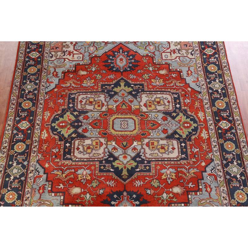 Hand Knotted Oriental 100% Wool Carpet Traditional Medallion Oranges & Rust Heriz (serapi) Area Rug - 12' 2'' X 8' 11''