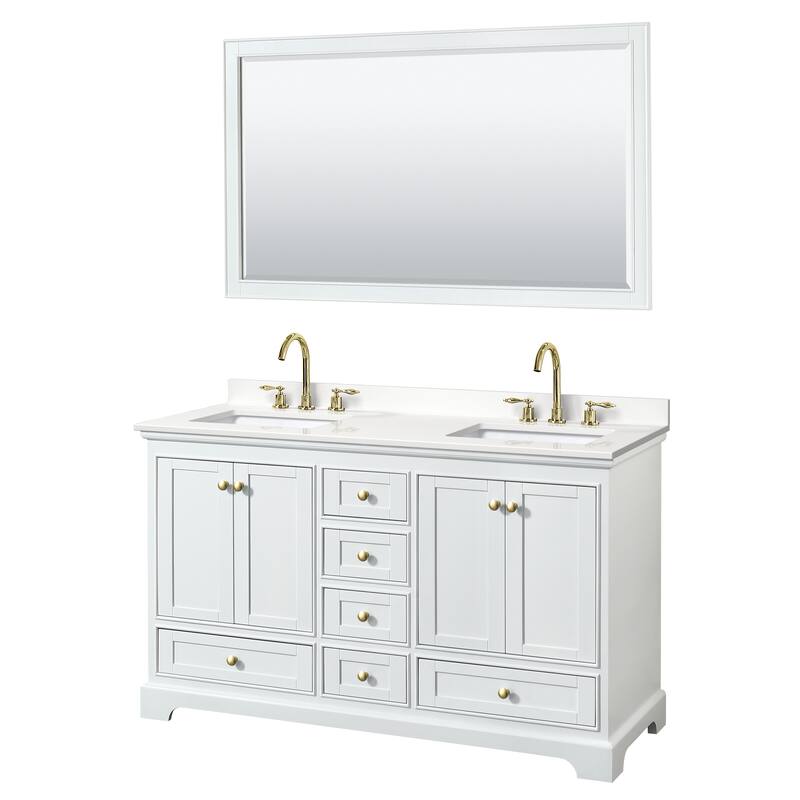 Deborah 60-inch Double Vanity, Quartz Top, 58-inch Mirror - White, Gold Trim, White Quartz Top