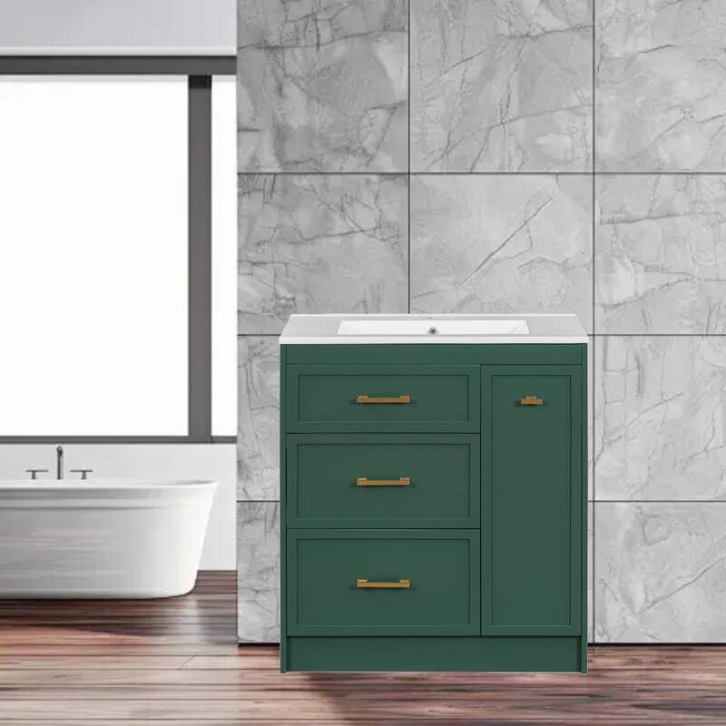 30" Forest Green Bathroom Vanity, Floor Standing with 3 Drawers, Double-Layer Storage, and Gold Metal Handles - Green