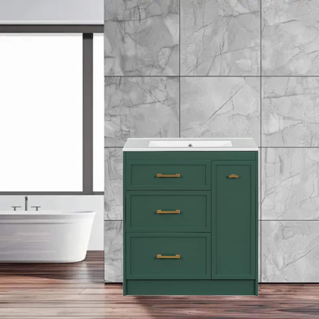 30" Forest Green Bathroom Vanity, Floor Standing with 3 Drawers, Double-Layer Storage, and Gold Metal Handles