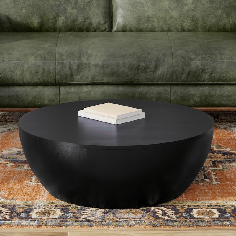 WYNDENHALL Keystone 34 inch Wide Solid Mango Modern Industrial Drum Coffee Table & Assembled - Black