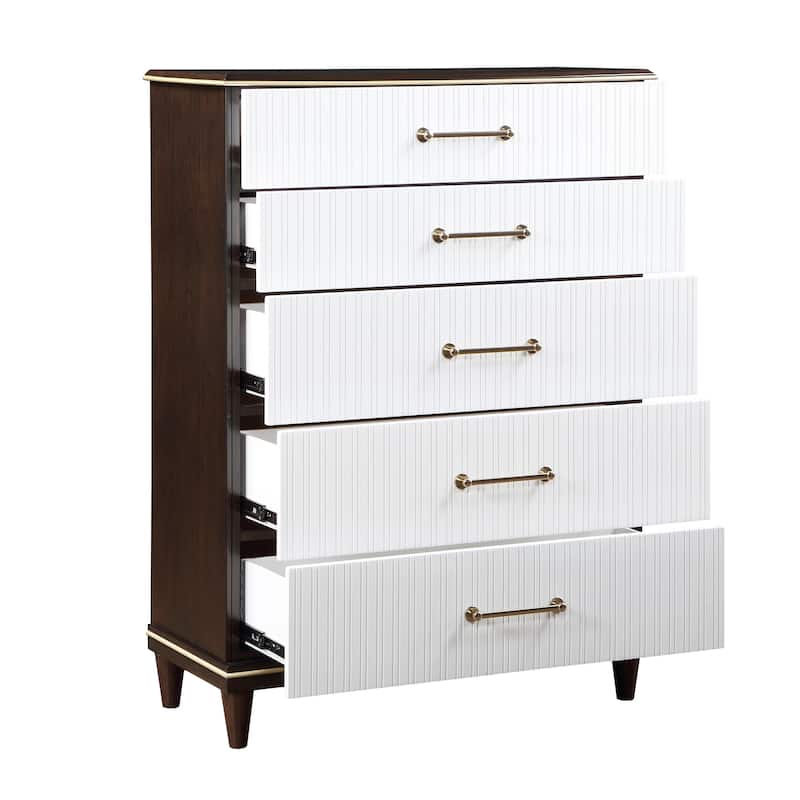 Shim 54 Inch Tall Dresser Chest with 5 Drawers, White, Cherry Brown Wood