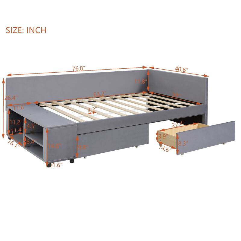 Twin Size Velvet Upholstered Daybed with Built-In Side Storage and 2 Drawers, L Shaped Corner Platform Sofa Bed Frame