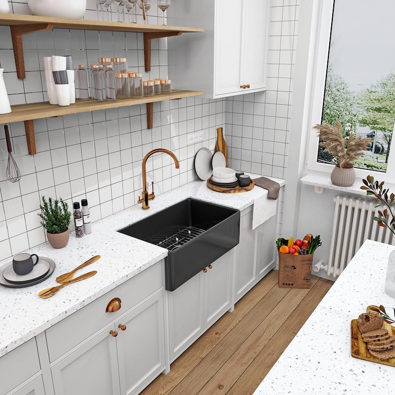 Sinber Farmhouse Apron Single Bowl Kitchen Sink with Fireclay White Finish