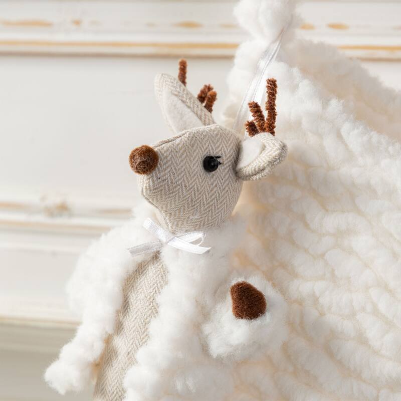 Glitzhome 21"L White Plush Christmas Stocking with Complimentary Reindeer Ornament