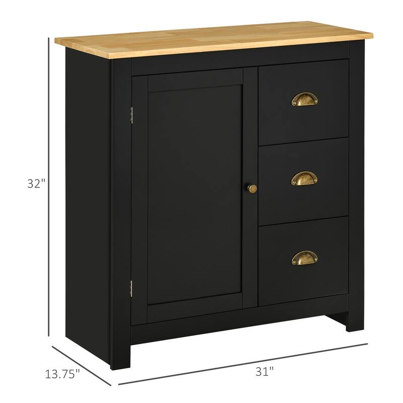 HOMCOM Modern Floor Cabinet, Storage Sideboard, Kitchen Buffet Table w/ Rubberwood Top, 3 Drawers and Cabinet