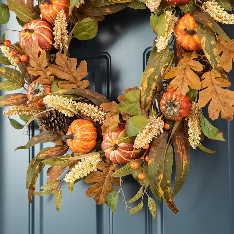 Glitzhome Fall Pumpkin Leaf Pine Cones Floral Swag Wreath Garland Thanksgiving Decor