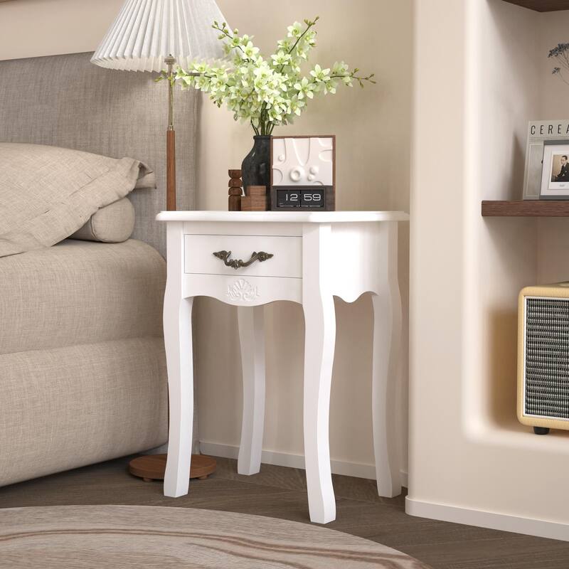 White Living Room Floor-standing Storage Table with a Drawer, 4 Curved Legs