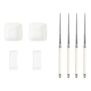 French Home Chopsticks with Faux Ivory Handles, Ceramic Rests and Sauce Bowls, Set of 2 Pairs
