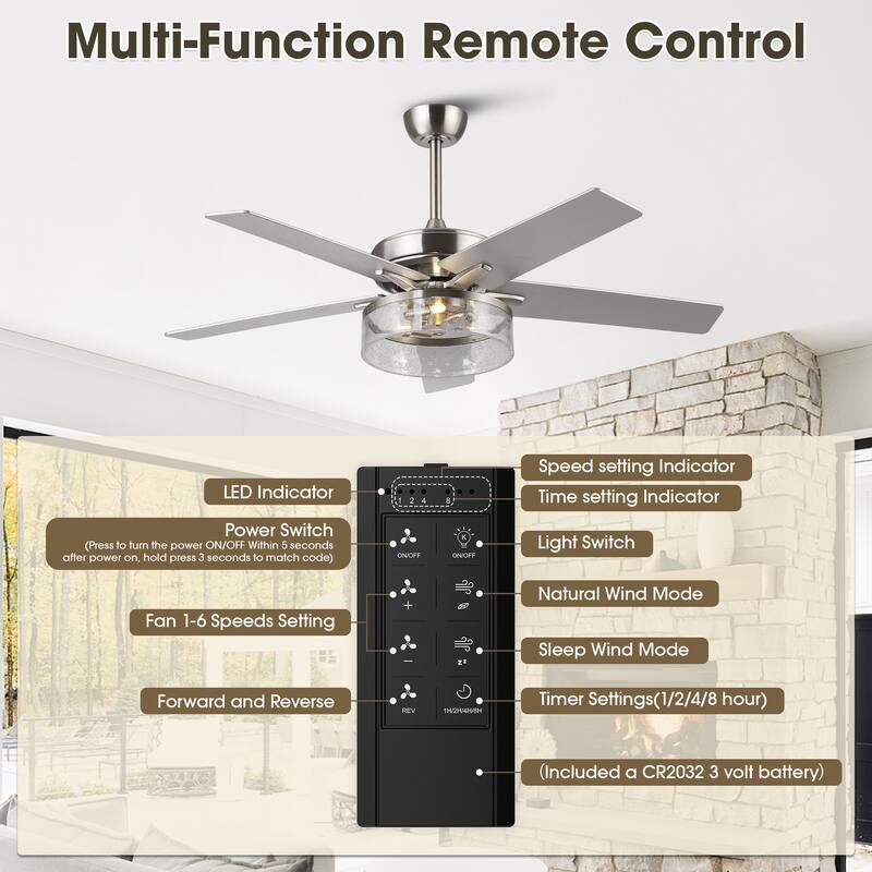 52-inch Modern Satin Nickel Bubble Shade Ceiling Fan with Light and Reversible Blades - 52'' W x 18.7" H