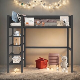 Twin Size Metal Loft Bed with 4-Tier Shelves and Storage - Bed Bath ...
