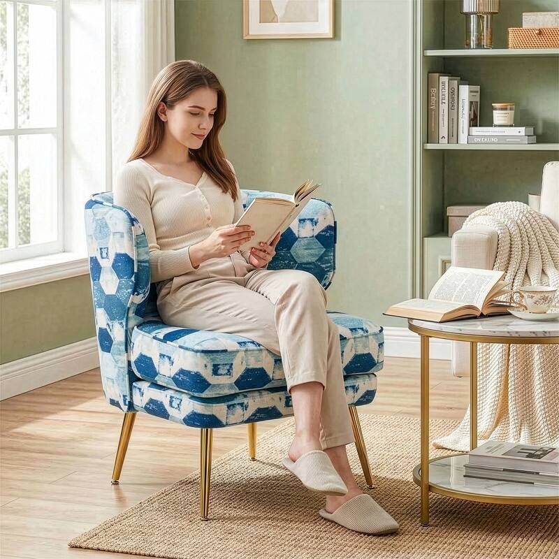 Mid Century Modern Upholstered Reading Chair with Lumbar Pillow, Gold Metal Legs, Small Space Friendly for Living Room Bedroom