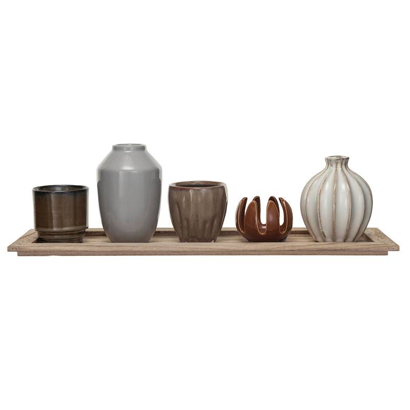Mango Wood Tray with Candle Holders and Vases - Style 4