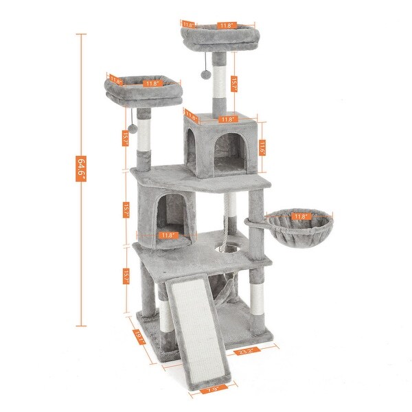 64.6 Inches Cat Tree 6 Levels Cat Tower with Large Scratching Board,2 Cat Condos,Plush Perch and Cozy Hammock