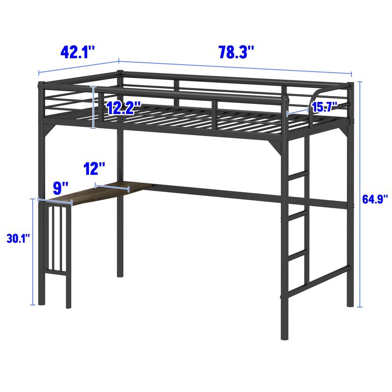 Twin Size Metal Loft Bed with Desk and Guardrails