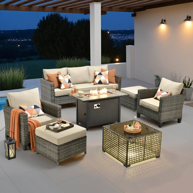 OVIOS 7 Pieces Patio Furniture Set with Solar-Powered Table & Fire Pit - Beige