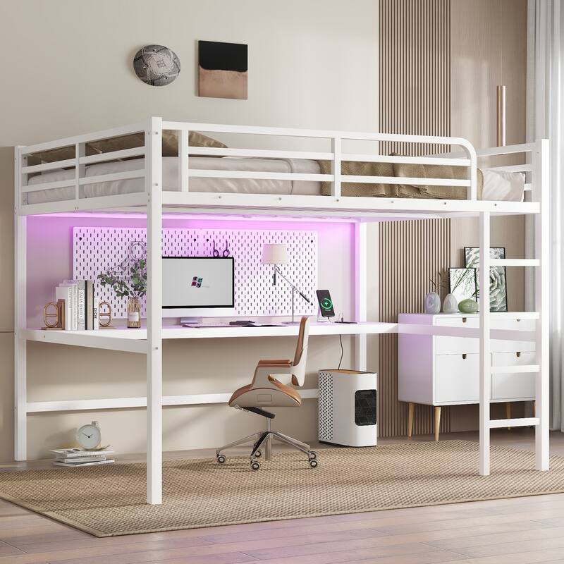 Roomfitters Metal Queen Size Loft Bed with Power Outlet & LED Lighting, Space-Saving Noise-Reduced Frame, White
