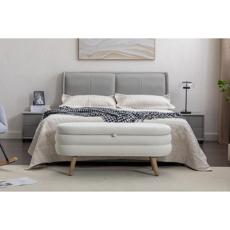 Featured Velvet Upholstered Footrest End of Bed Bench, Storage Stool Indoor Stool Casual Stool with Flipping Lid - Ivory