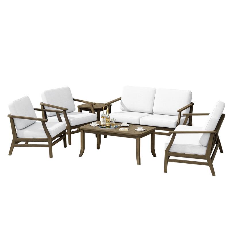 6-Seat Outdoor Teak Wood Patio Conversation Set with Cushions Tables